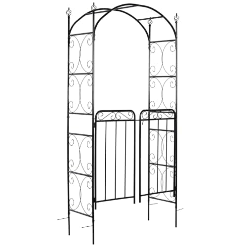 Outsunny 84" Garden Arch Arbor with Gate Metal for Climbing Vines Black