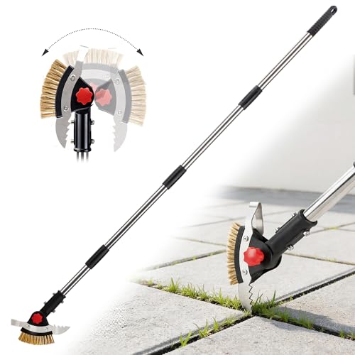 3-in-1 Heavy Duty Crack Weeder Tool, 59" Adjustable Long Handle, Stainless Steel Crevice Weed Puller and Moss Remover for Driveway, Patio, Sidewalk, Pavers and Deck Cracks