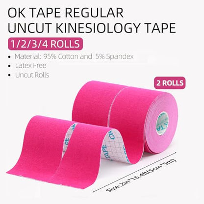 OK TAPE Kinesiology Tape (2 Pack) Latex Free Cotton Uncut 2in x 16.4ft - color: Pink, size: 2 Rolls