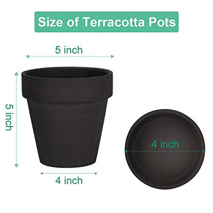 vensovo 5 Inch Black Terracotta & Clay Pots with Saucer, 6 Pack - color: Black