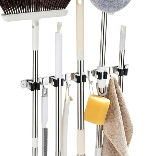 Broom Holder Wall Mount, Mop Organizer, 5 Racks, 4 Hooks, Heavy Duty