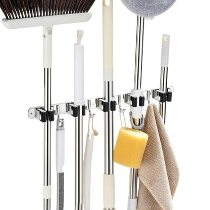 Broom Holder Wall Mount, Mop Organizer, 5 Racks, 4 Hooks, Heavy Duty