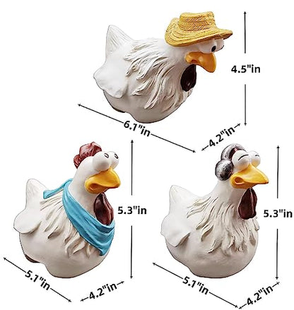 Chicken Fence Decor, Set of 3 Hand-Painted Resin Statues - color: Blue Multi