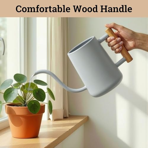 Metal Small Indoor Watering Can with Long Spout & Real Wood Handle, 35oz - color: Gray