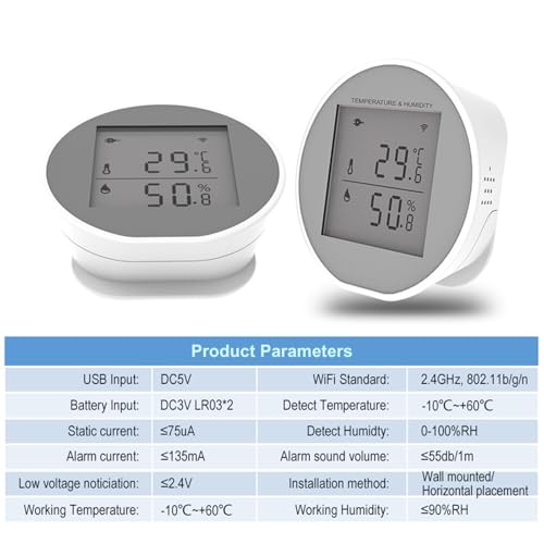 Wengart WiFi Temperature Humidity Sensor WSD400H,2.4GHz Tuya App,Indoor LCD Thermometer Hygrometer,Compatible with Alexa,Google Assistant