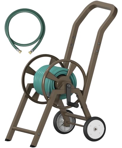 Artigarden Garden Hose Reel Cart with Wheels, Holds 165 ft of 5/8’’ Hose Outdoor Heavy Duty Powder-coated Steel Water Storage Holder Rack with 3.9 Ft Leader Hose for Outside Lawn Yard, Brown