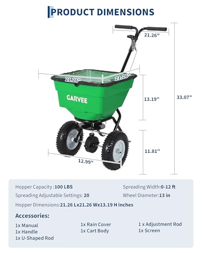 Heavy Duty 100L Push Broadcast Spreader – 12FT Spreading Width, 13" All-Terrain Wheels, Adjustable Current, Walk-Behind Lawn & Garden Seeder for Fertilizer, Grass Seed, Salt, Ice Melt – Green