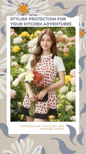 Retro Floral Apron for Women With Pockets for Cooking & Gifting - color: Cherry