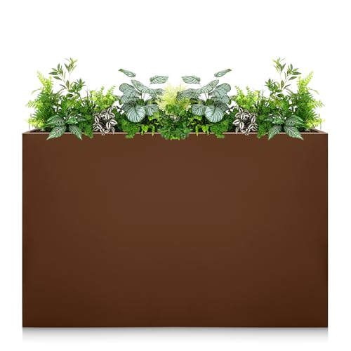 Galvanized Steel Planter Box-No Installation Required Metal Rectangular Block Long Box Planter Modern Outdoor Planters All-Weather Use with Drainage Holes for Patio/Porch, 36×24×12IN（Brown） - color: Brown, size: Large-Fold