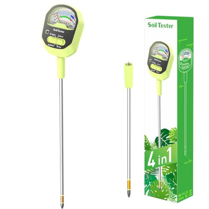 Soil Moisture Meter, 4-in-1 Soil PH Meter, Soil Tester for Moisture, Fertility, Sunlight Intensity with Removable Probe, Color-Coded Analog Dial Soil Testing Kit for Garden, Farm, Flower, Outdoor