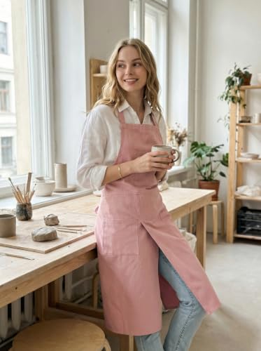 Molaxhome Split Pottery Apron with 3 Pockets Unisex with Adjustable Strap - color: Pink