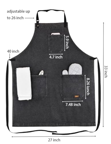 Black Denim Apron with Pockets & Towel Loop for Men Women - color: Black Denim -2