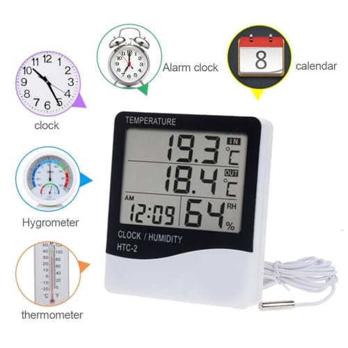 Temperature Humidity Meter, LCD Digital Indoor Outdoor Thermometer Hygrometer with Clock & Sensor Wire, Humidity Monitor for Home, Reptile, Greenhouse, Basement