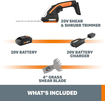 WORX Cordless Grass Shear & Shrub Trimmer, 20V 4" + 8" Bush Trimmer, WG801 - style: 8" 20V Shrubber Trimmer w/(1)2.0Ah Battery