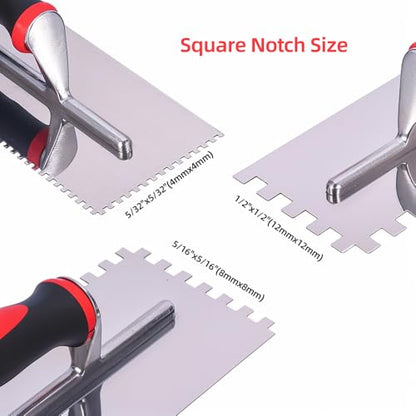 Stainless Steel Square Notched Trowel Set - 3 Piece Kit (5/32", 5/16", 1/2" Notch Sizes) for Wall & Floor Tile Installation - Masonry Tiling Hand Tools