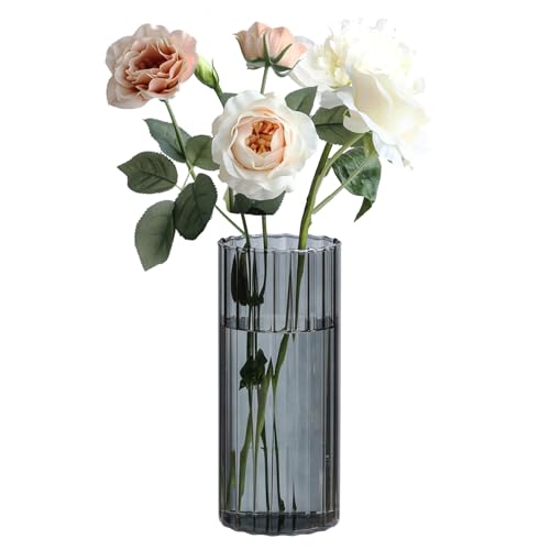 ComSaf Glass Cylinder Vase 8 Inch Tall, Grey Ribbed Decor for Centerpieces - color: Gray