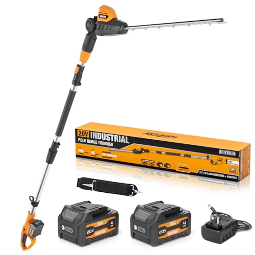 Alloyman 20V Pole Hedge Trimmer, Cordless Hedge Trimmer with 2 Packs 4.0Ah Battery & Charger, 9-Feet Reach, Electric Bush Trimmer with Extension Pole for Shrubs Pruning - color: Black