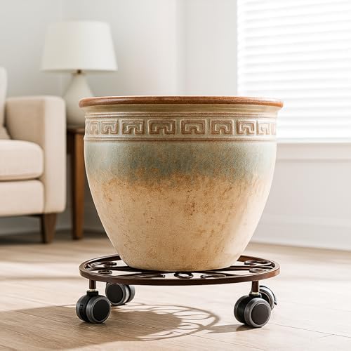 Planterhoma 3 Pack Plant Caddy with Wheels & Saucers, 11.8" Heavy Duty Metal Rolling Plant Stand, Plant Dolly with Lockable Casters, Rustproof Iron Planter Mover for Indoor Outdoor, Bronze - color: Bronze