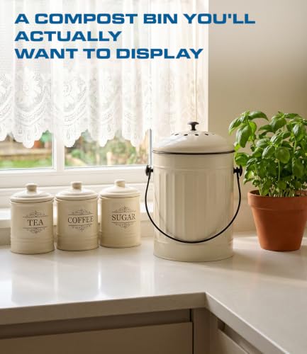 Plexon Kitchen Compost Bin Indoor with Lid, Off-White 1.5 Gall - color: Off-white