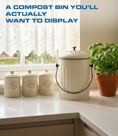 Plexon Kitchen Compost Bin Indoor with Lid, Off-White 1.5 Gall - color: Off-white