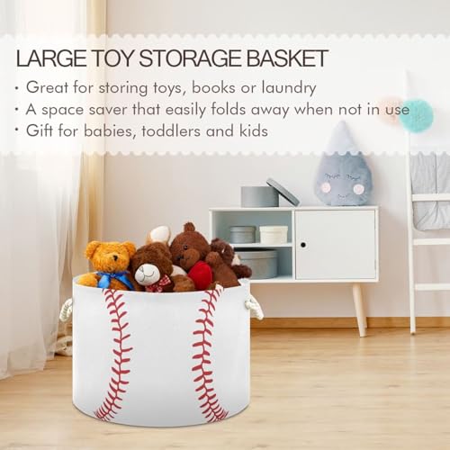 Baseball Print Round Storage Basket Collapsible with Handle - color: White Red