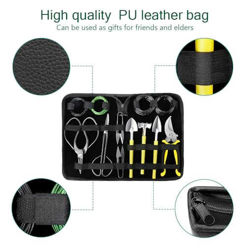 MOSFiATA Bonsai Tools Set 13Pcs, Bonsai Essentials with PU Leather Bag, High Carbon Steel Succulent Trimming Kit, for Pruning, Raking, Training Plants, Ideal Gardening Gifts - size: Bonsai Tools 13Pcs