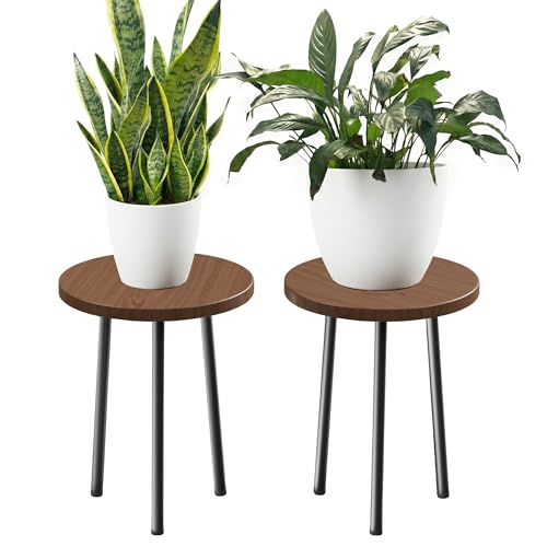 Plant Stand Indoor 2 Pack: Plant Table 14'' Wood & Metel Plant Stool - color: Walnut, size: 14"&14"