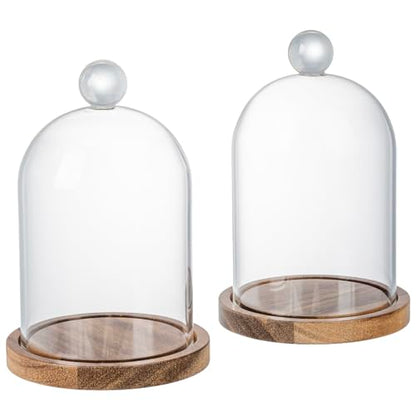 MyGift Mini Clear Glass Bell Display Cloches with Premium Acacia Solid Wood Base, Decorative Dome Cover Stands for Small Heirloom Jewelry Curios Keepsakes, Set of 2