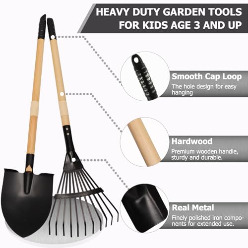 7PCS Kids Gardening Tools, Long Shovel, Rake for Leaves, Spade, Hoe, Steel Heads & Real Wood Handle, Yard Tools for Children Toddlers Gifts - color: Black