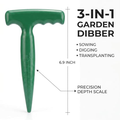 Seed Planter Tool, 6.9 Inch Green Plastic Dibber for Sowing Seeds, Planting Bulbs, Digging with Handle
