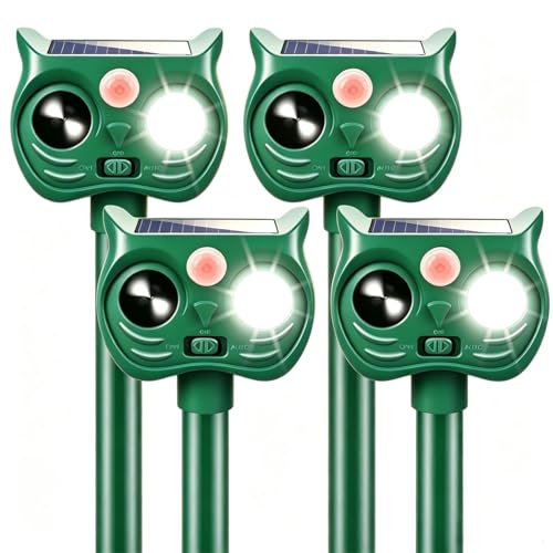 4 Pack New Sonic Fortress Pro Deer Repellent Devices,Solar Ultrasonic Animal Repeller Outdoor for Racoons,Squirrels,Cats,Rabbits,Skunks & Foxes,Waterproof Motion Sensor Animal Deterrent for Garden