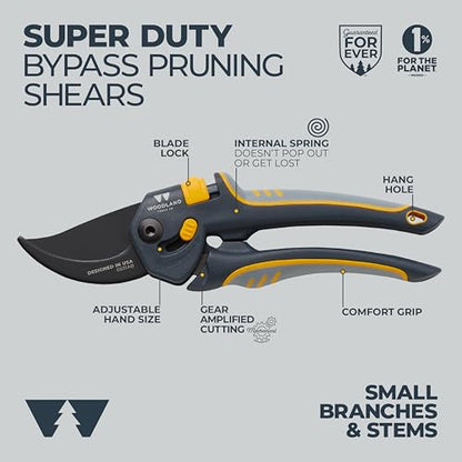 Woodland Tools Co. Super Duty Bypass Pruning Shears – 3/4" Cut Capacity, Gear-Driven Cutting System, High Carbon Steel Blade, Internal Spring, Adjustable Grip, Garden Pruner for Thick Stems and Shrubs - style: Super Duty Pruner