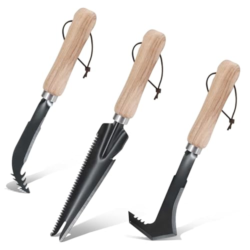 3-Pack Hand Weed Puller Tool, Stainless Steel Garden Trowel with Wooden Handle,L-Shaped Crevice Weeder,Curved-Tip Weed Tool for Effectively Pulling Out Weeds and Their Roots