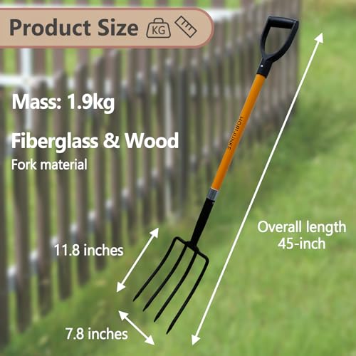 Garden Fork, 4-Tines Pitchforks,45-Inch Pitchfork for Gardening,Fiberglass Digging Fork Pole, D-Handle