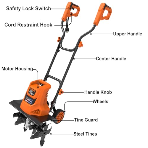 GARCARE 15A Corded Tiller Cultivator – 18" Width, 6 Steel Tines Rototiller