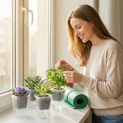 5 Pack 2" Mini Self Watering Pots for Indoor Plants, Clear Plastic Nursery Pots with Drainage Holes for Succulents, Cuttings, Herbs, Includes 50x50cm Gardening Mat