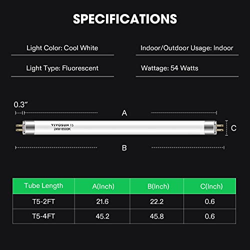 VIVOSUN T5 Grow Light Bulbs 2Ft 22 Inches, 24W 6500K HO Light Bulbs, 5-Pack - size: 2 Feet