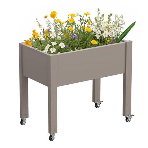 Elevated 26.3" Tall Raised Garden Bed with Wheels - Outdoor Mobile Resin Planter Box with Drainage Holes for Vegetables Flower Herbs, Weather Resistant, Gray (26.3" h) - color: Gray, size: 26.3"h
