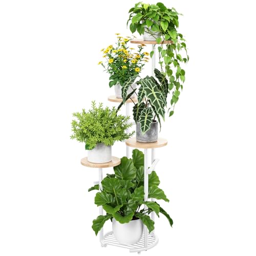 TOSKING 5-Tier Round Wood Corner Plant Stand Indoor, Anti-Tip, Oak & White - color: Wood + White, size: 5-Tier Round Base