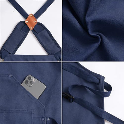 Tosewever Work Aprons for Men with Large Pockets, Canvas Cross Back Heavy Duty Adjustable Tool Aprons for Chef Cooking BBQ - color: Blue