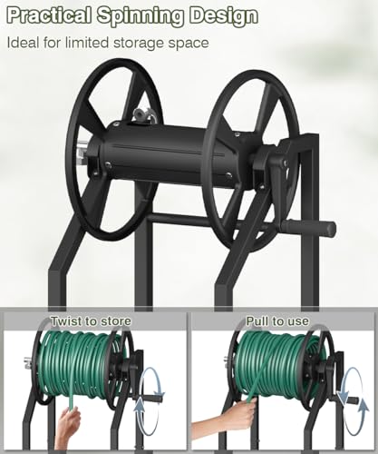 4-Spike Garden Hose Reel with 3.9ft Leader Hose & Stainless Fitting, Outdoor Hose Holder holds 125ft Hose of 5/8", Freestanding Metal Hose Stand for Outside Yard Lawn, Black - color: Black