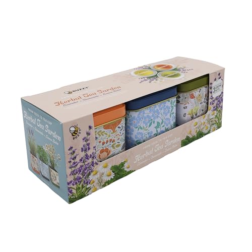 Buzzy Seeds Herbal Tea Garden Kit 3-Pack, Printed Metal Planters, Herbs
