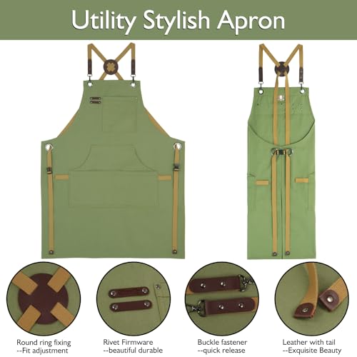 Kitchen Apron, Work Apron, Canvas Apron, Olive - color: Olive