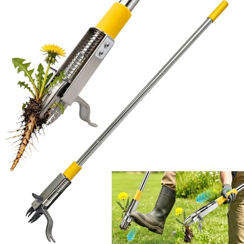 Stand Up Weed Puller Tool with Steel 4-Claw Deep Root Remover and Dual Eject Mechanism, Long Handle 48” Garden Weeder for Dandelion & Tough Weeds, No Bend Back Pain Tool for Seniors