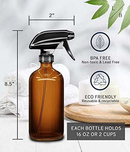 LiBa Amber Glass Spray Bottles 2 Pack 16oz Refillable Adjustable Nozzle