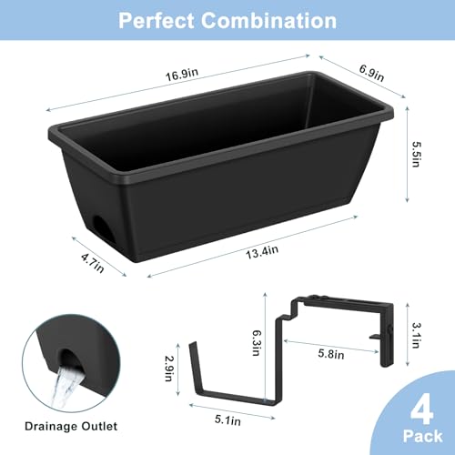 4 Pack Window Boxes Planters Railing Planter Box with Adjustable Brackets - color: Black+black Brackets