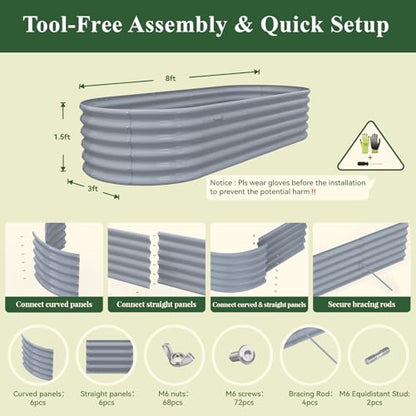 Galvanized Raised Garden Bed, 8x3x1.5ft Oval Metal Planter Box