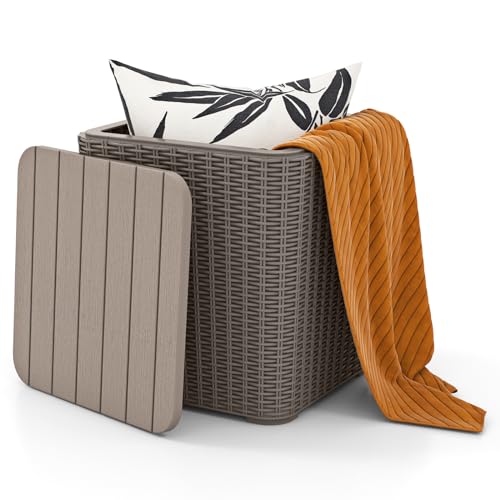 Tangkula 11.5 Gallon Water-proof Deck Box, Outdoor Patio Storage Box w/Removable Lid &, Faux Rattan Storage Container Side Table, All Weather Patio Furniture Extra Seat for Poolside (Brown) - color: Brown