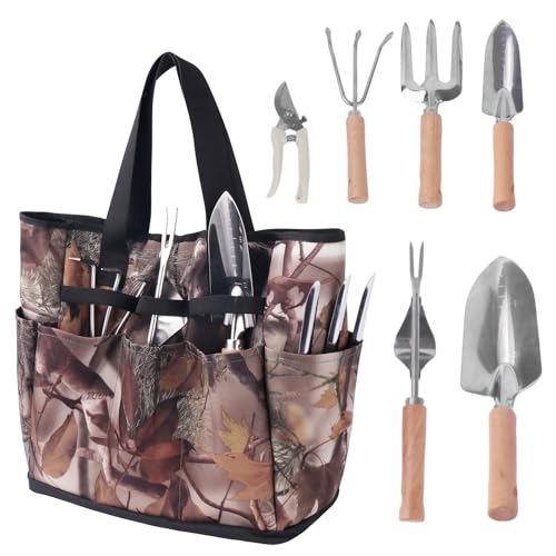 Garden Tool Set, 7 Pcs Floral Gardening Set for Women Leaf Camouflage Gardening Kit with Garden Tool Bag, Trowel, Weeder Fork, Hand Rake, Pruning Shears, Cultivator, Transplanter - color: Leaf Camouflage