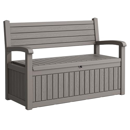 80 Gallon Lockable Deck Bench with Storage, Resin Stripes Outdoor Storage Box, Waterproof Outdoor Porch Bench for Patio Pool and Cushions Garden Tools, Grey - color: Light-grey